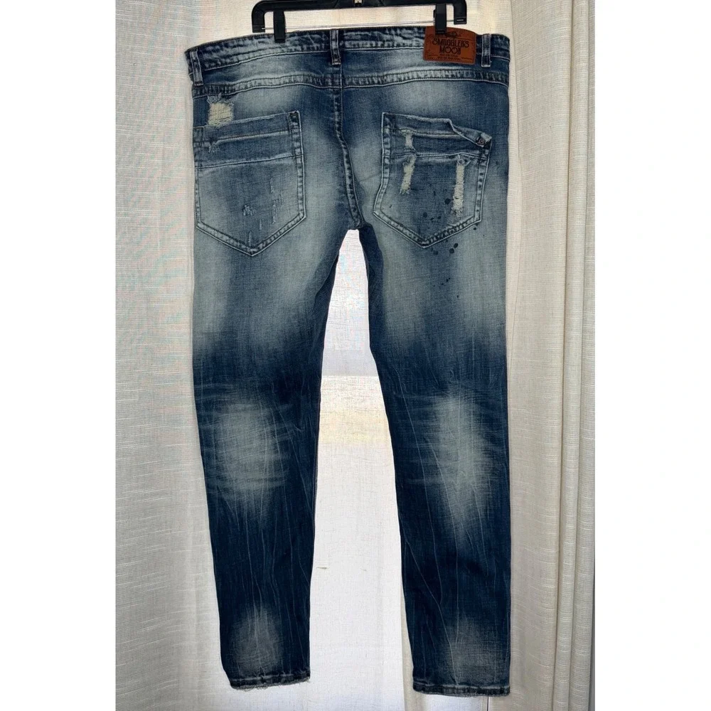 Smugglers Moon Distressed Ripped Paint Splatter Blue Jeans Button Fly Mens 42x33